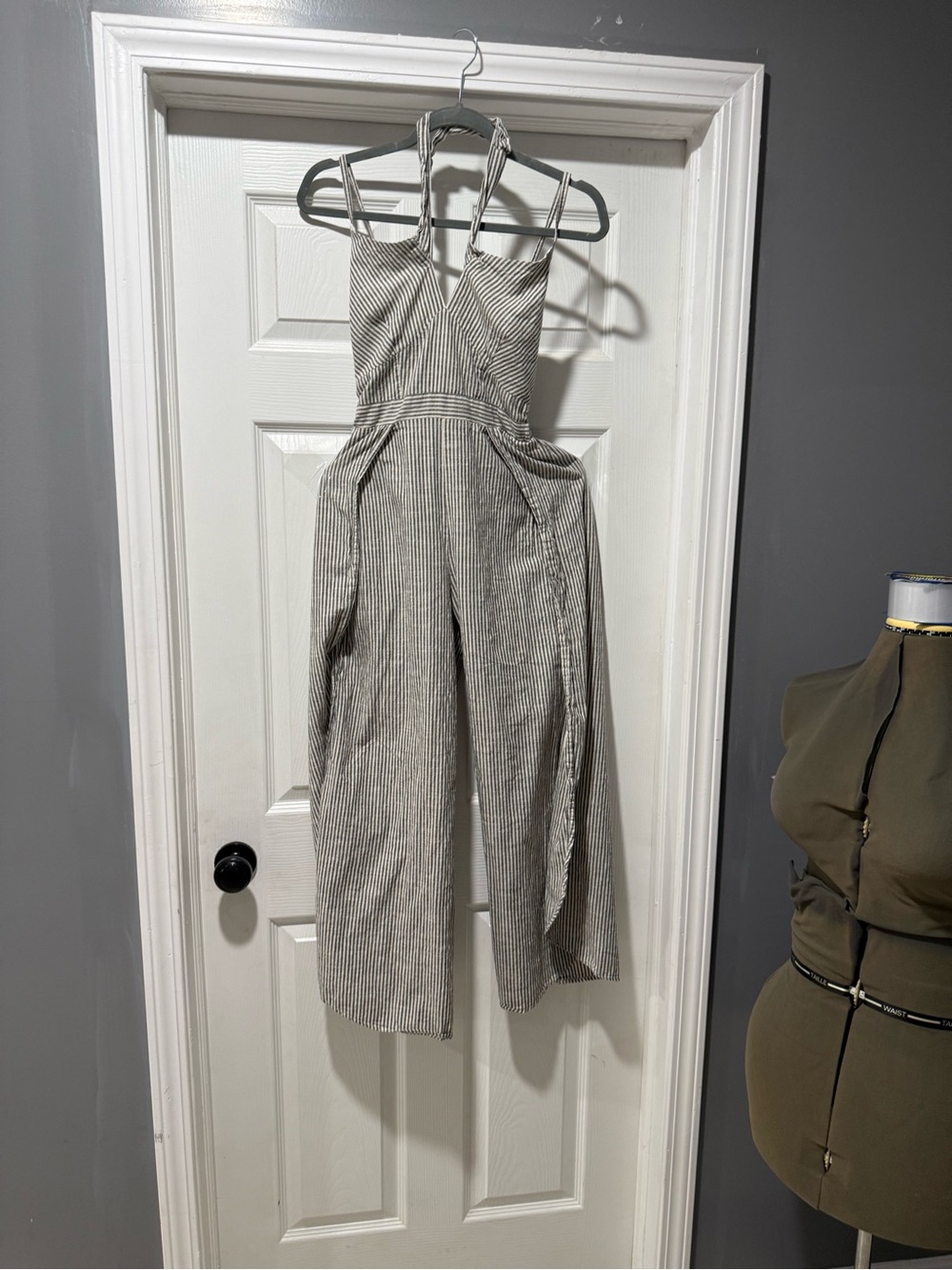 Japna Striped Halter Jumpsuit in Beige and White